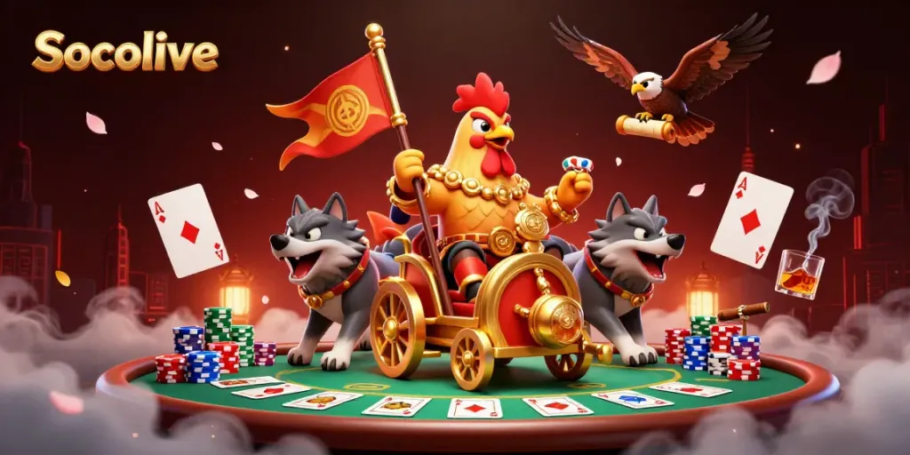 Socolive showcases a dynamic casino scene with a rooster warlord in a golden chariot, surrounded by poker-themed elements.