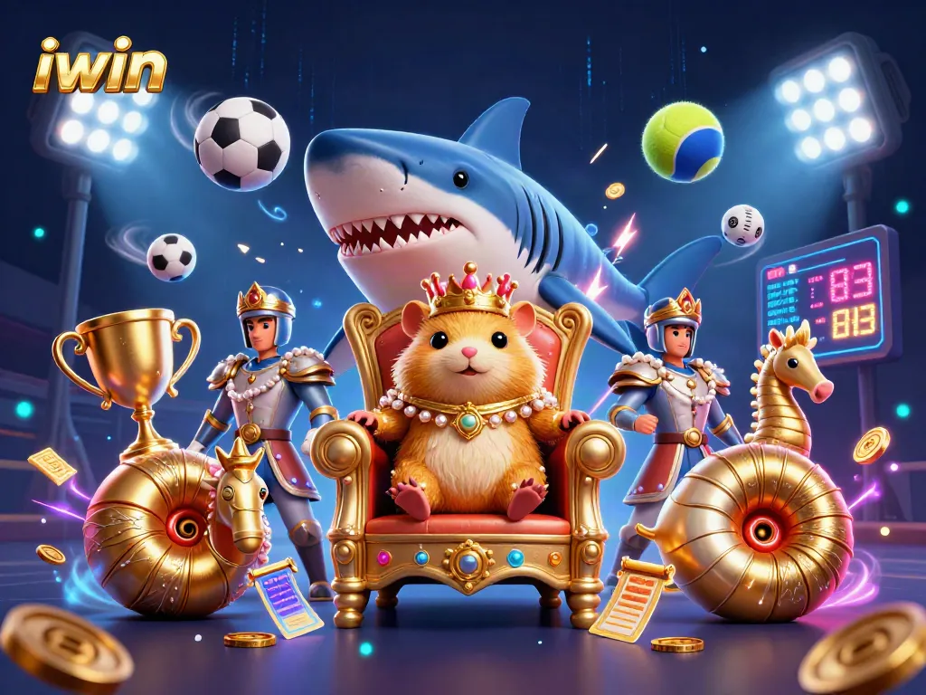 Betting with iwin: A captivating 3D scene featuring a golden hamster king managing an exciting sports betting realm.