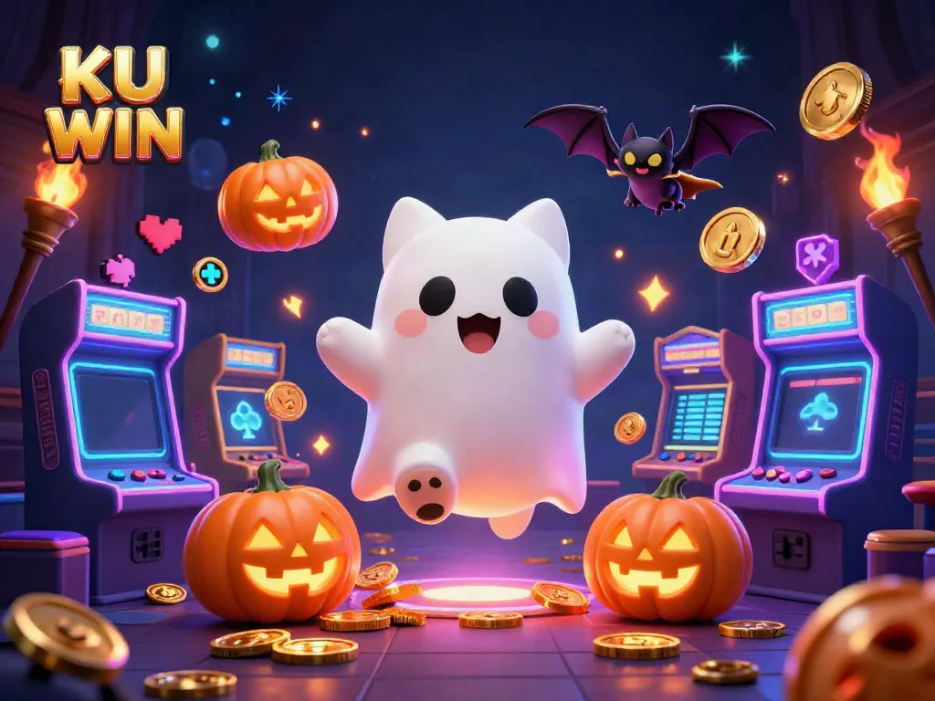 Experience thrilling jackpots with KU WIN at a haunted casino featuring a ghost cat and vampire bat