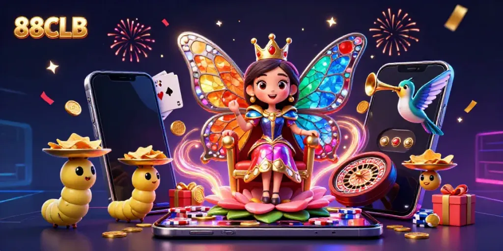 Engage with 88CLB's vibrant casino world featuring a whimsical butterfly queen surrounded by dynamic game elements.