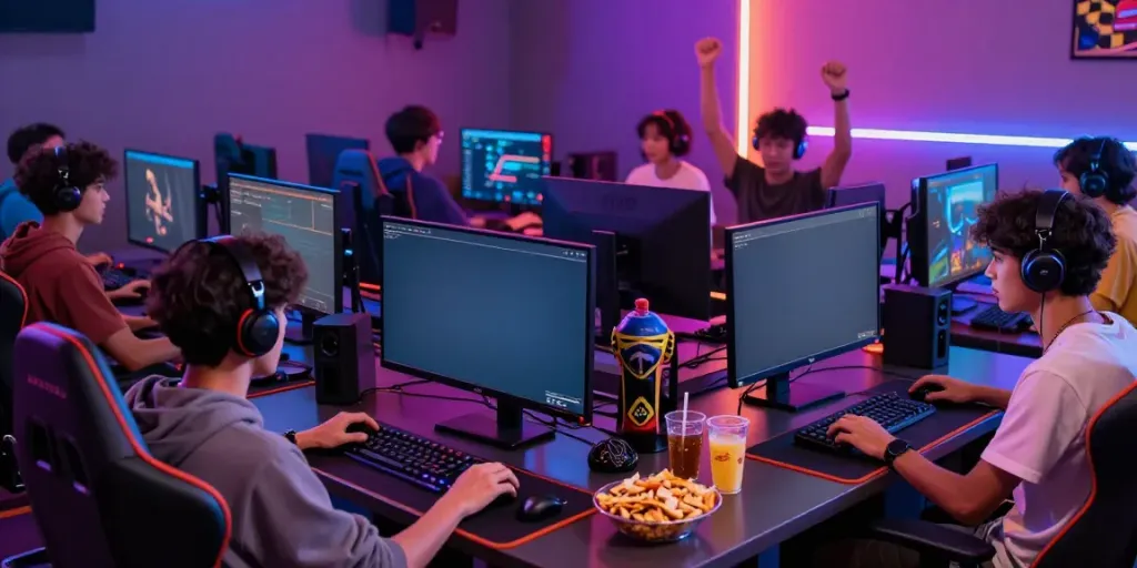 Kilat404 gaming experience with friends in a vibrant gaming lounge, showcasing immersive multiplayer fun.