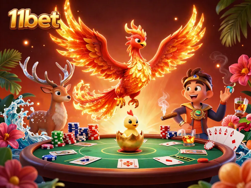 Experience the thrill of winning at 11bet with a vibrant illustration of a phoenix amidst poker elements.