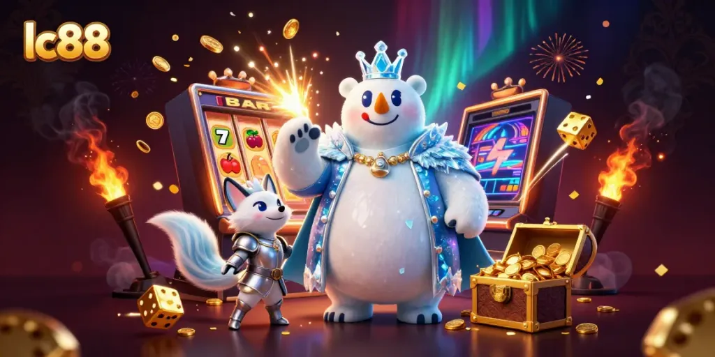 Experience the thrill of lc88 with vibrant casino elements and dynamic characters celebrating a jackpot.