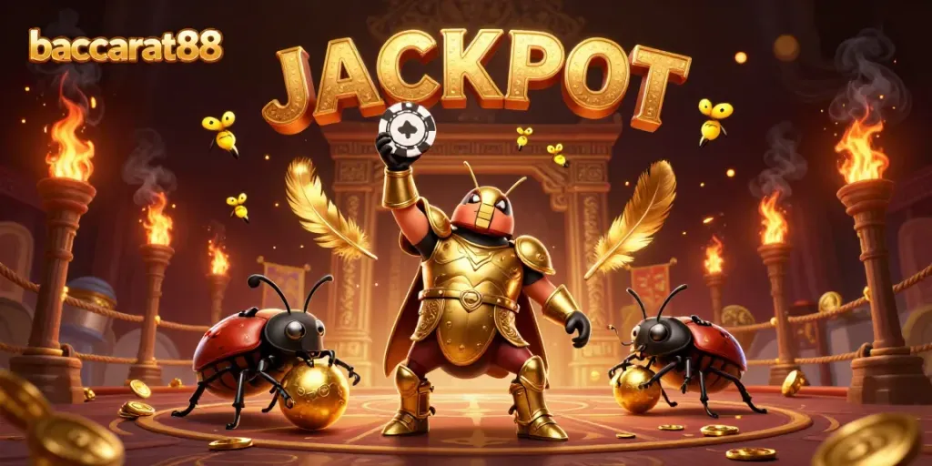 Witness the baccarat88 celebration as the victorious beetle lifts a poker chip under a luminous jackpot sky.