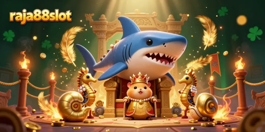 Engage with the thrilling raja88slot world featuring a fierce golden hamster king in a vibrant underwater throne.