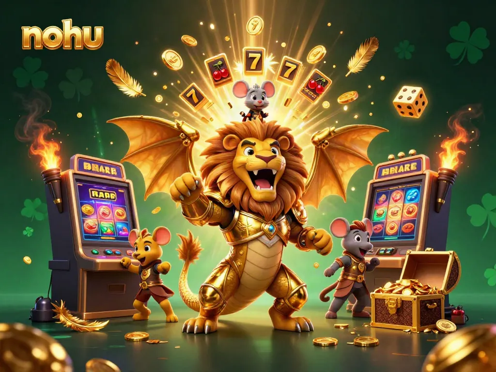 Experience jackpot excitement with nohu in this vibrant 3D casino illustration featuring a chimera and slot machine.