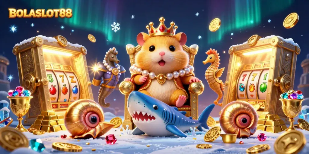 BOLASLOT88 engages players with a vibrant rich scene of a golden hamster king and casino treasures.