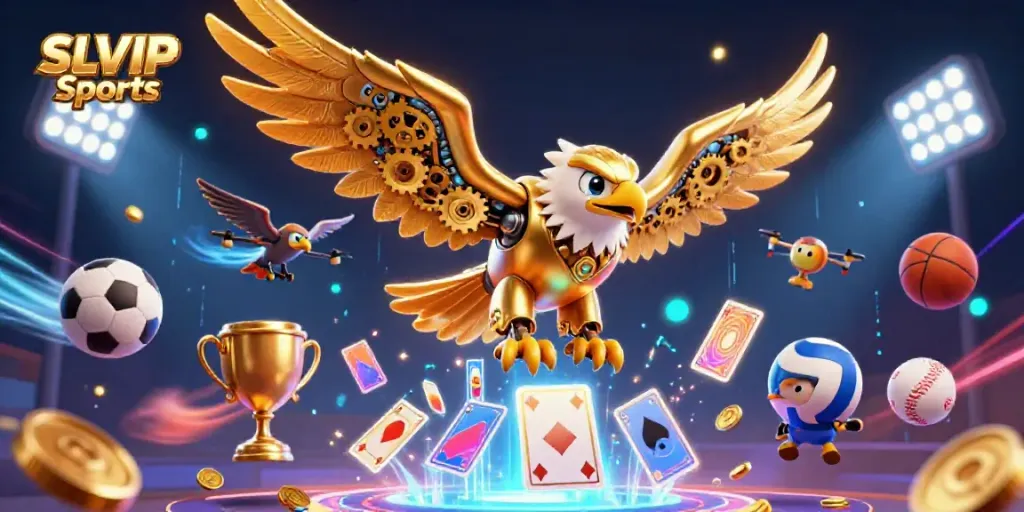 Bet on sports with SLVIP Sports featuring a dynamic 3D eagle and various sports elements