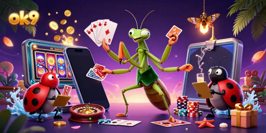 Engage in thrilling casino action with ok9 featuring a giant mantis dealing cards and a ladybug pit boss overseeing games.