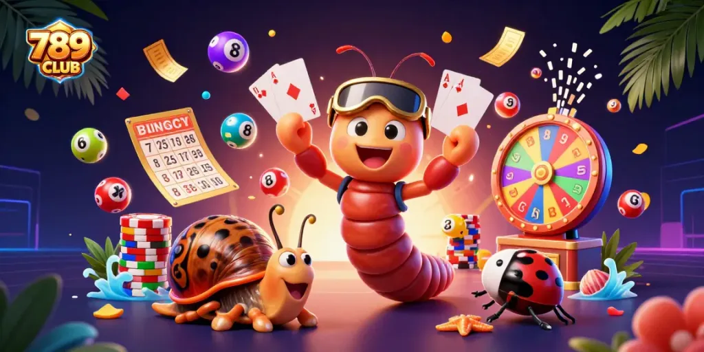 Engage with 789CLUB's neon gaming world in a vibrant scene of a millipede dealer and colorful elements.