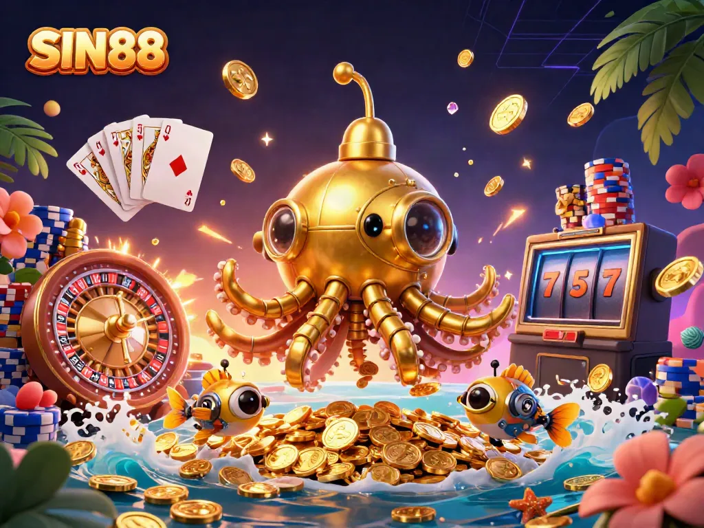 Experience the excitement of SIN88 with the golden kraken submarine and vibrant casino elements.