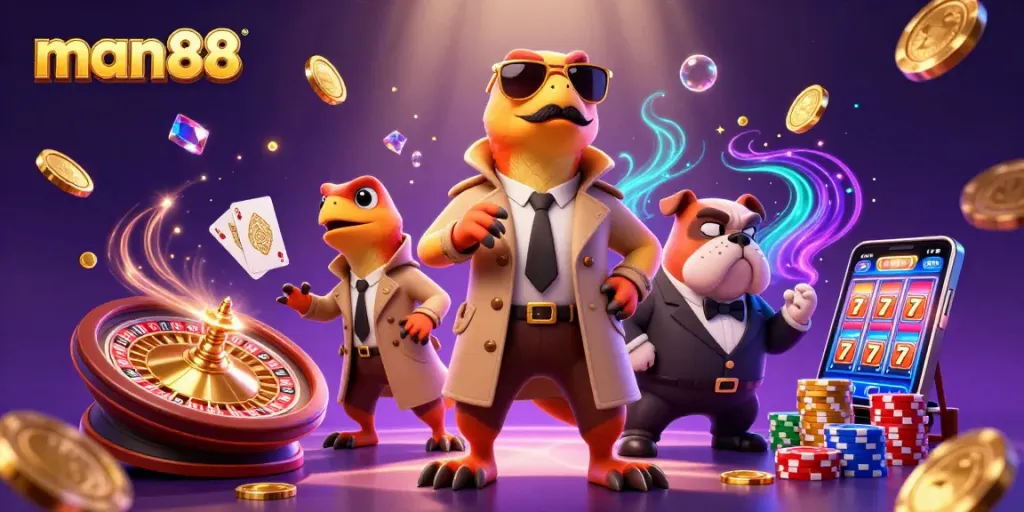 man88 features raptors attempting to enter a VIP casino lounge while surrounded by gold coins and poker chips.