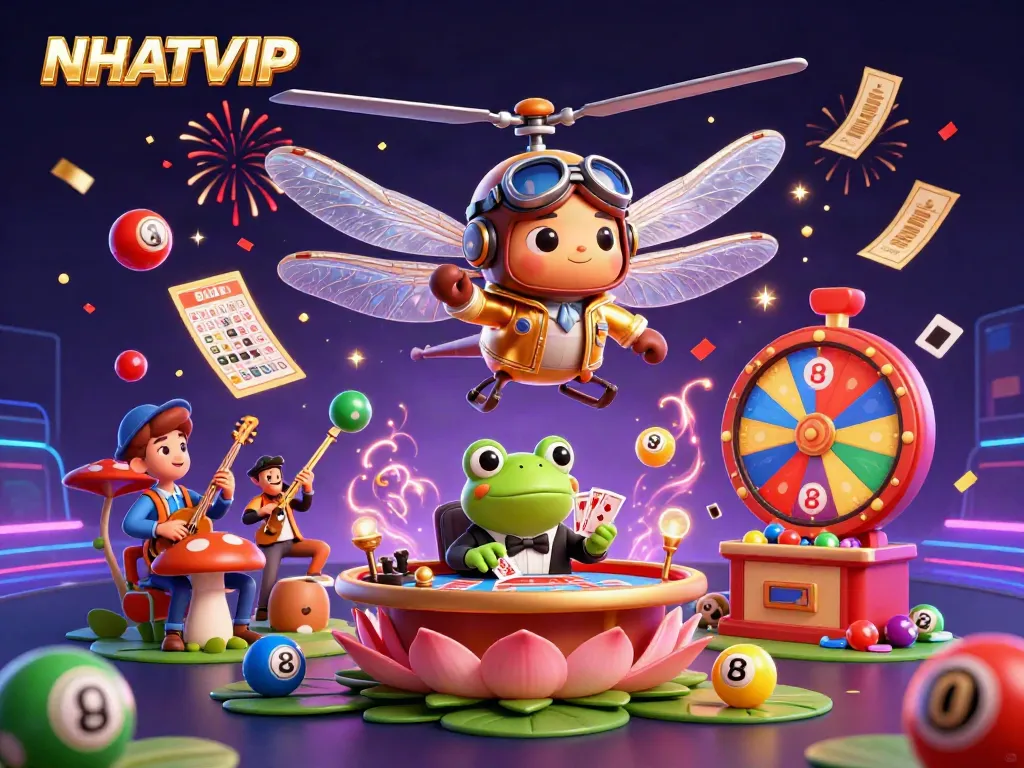 Engage with NHATVIP's electrifying casino scene featuring a dragonfly pilot and a frog croupier.