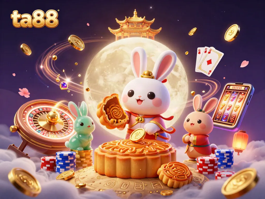 Experience excitement at ta88 with a vibrant 3D illustration of a moon rabbit and poker chips.