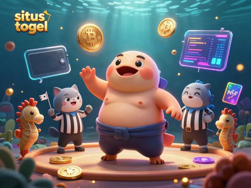 Situs togel illustrated with a fugu in a sumo belt, cryptocurrency coins, and aquatic spectators.
