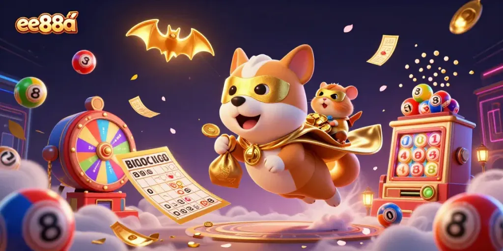 ee88a showcases a dynamic superhero dog and hamster in a colorful casino-themed scene with lottery elements.