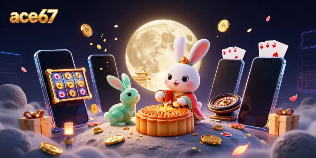 Engaging 3D scene of ace67 featuring a moon rabbit with poker chips, dynamic slot games, and casino elements.