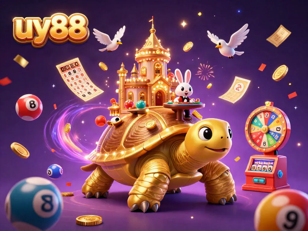 Experience the vibrant joy of uy88's casino excitement with golden tortoise characters and lottery themes