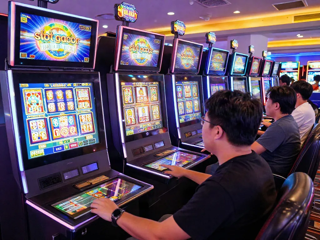 Players enjoying immersive slot gacor gameplay in a vibrant online casino setting.