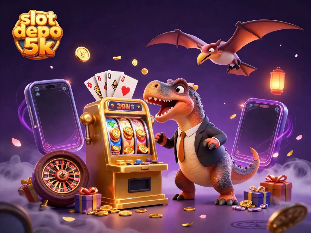 Watch as the slot depo 5k scene unfolds with a dinosaur winning a jackpot and coins flying everywhere.