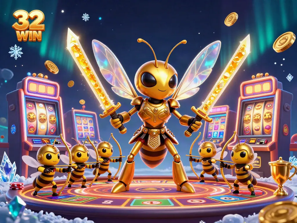Engage with thrilling 32 WIN gameplay featuring a golden hornet hero in a lively casino atmosphere.