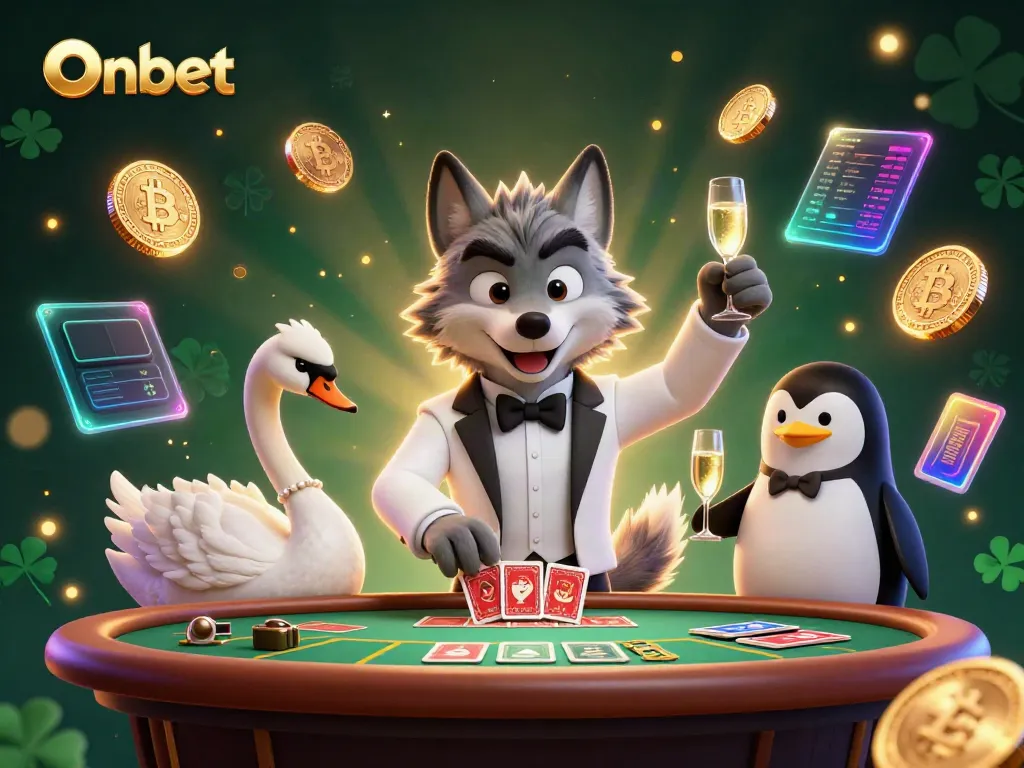 Engage with Onbet's vibrant casino scene featuring unique characters and dynamic crypto elements.
