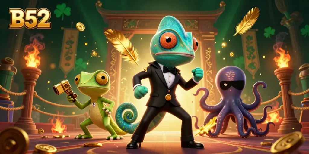 Engage in epic gameplay with B52, featuring a chameleon agent, gadget-gecko, and villainous octopus.