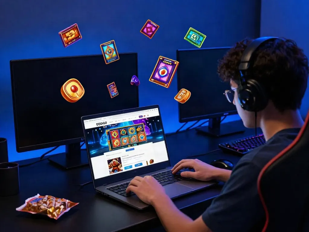 Online user experiencing situs slot gacor interface on laptop with engaging colorful graphics.
