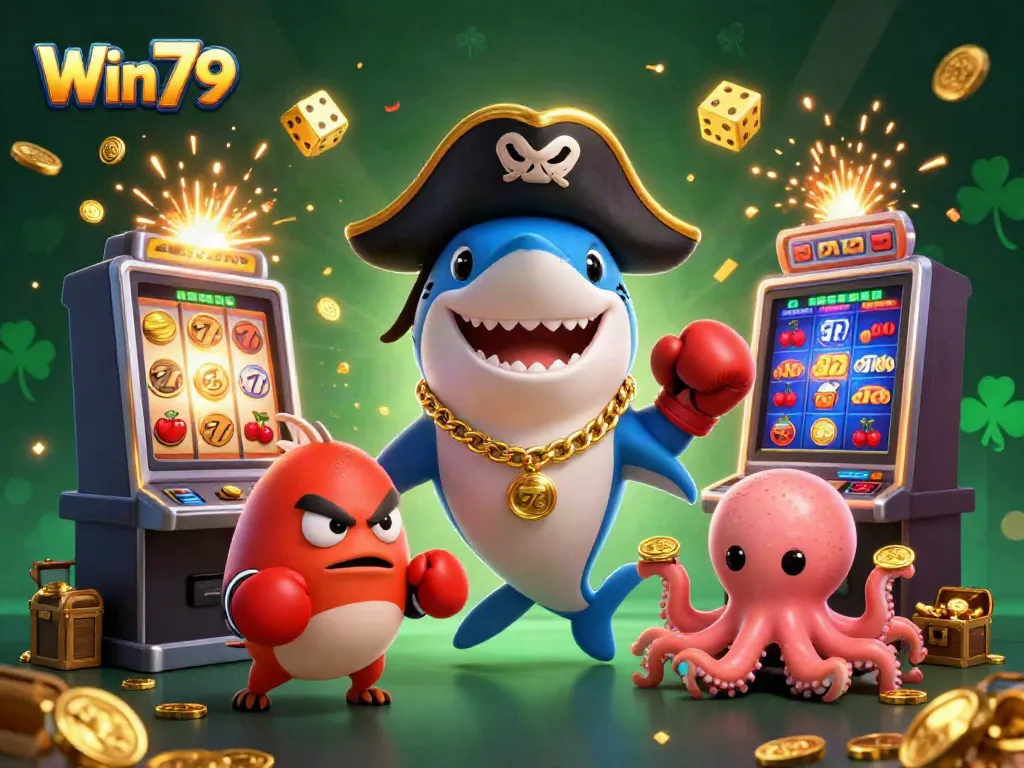 Win79 engages with exciting slot machine jackpots and cartoon characters in a vibrant casino scene.