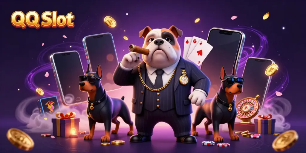Experience the excitement of QQ Slot with a cartoon mafia boss and dynamic gambling elements in a vibrant 3D scene.