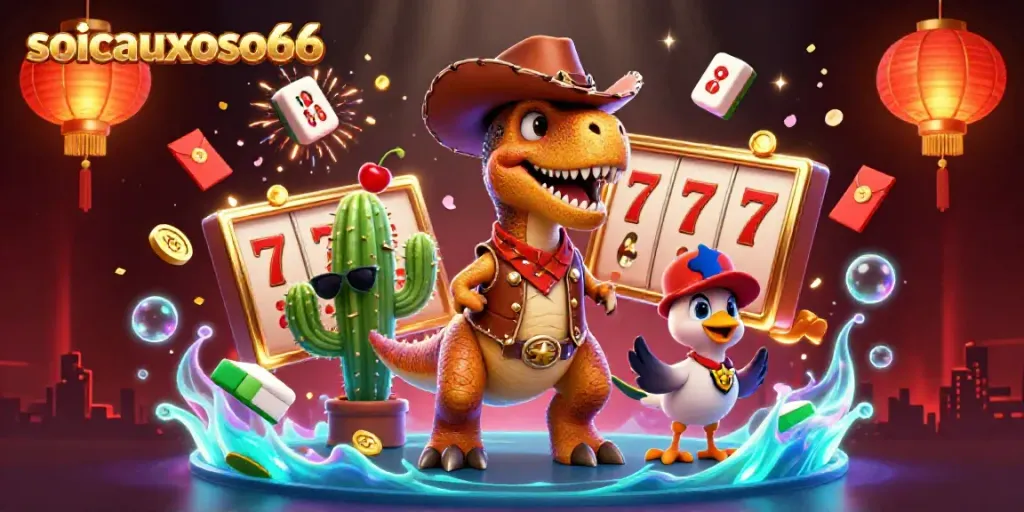 Engage with soicauxoso66 slots showcasing a T-Rex and friends amid vibrant casino elements.