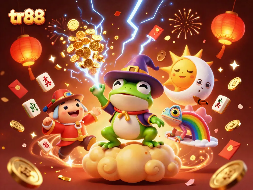 Experience thrilling wins with tr88, featuring a vibrant casino illustration of a wizard frog and chameleon.