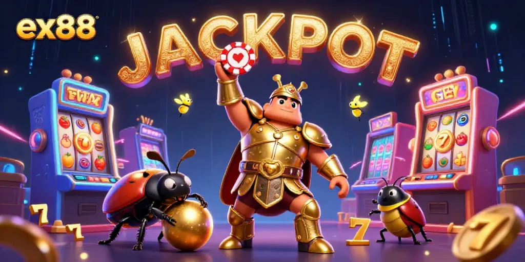 Ex88 jackpots being celebrated by cartoon beetles in vibrant casino scene.