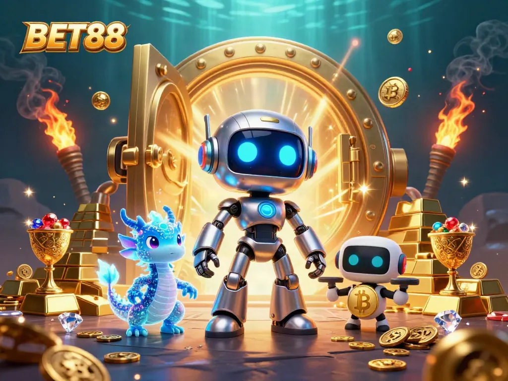 Experience the thrilling world of BET88 with vibrant 3D gaming characters amidst piles of treasure and casino elements.