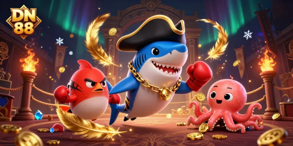Engaging DN 88 illustration with a pirate shark, pufferfish, and octopus among casino elements.