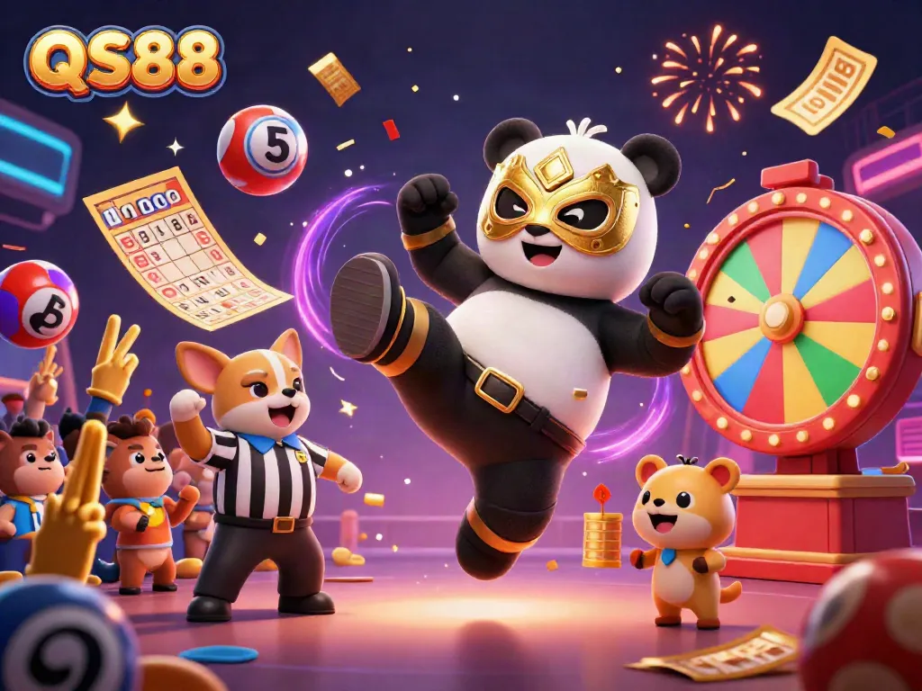 Experience thrilling casino fun with QS88 as our wrestler panda soars through the air surrounded by electrifying game elements.