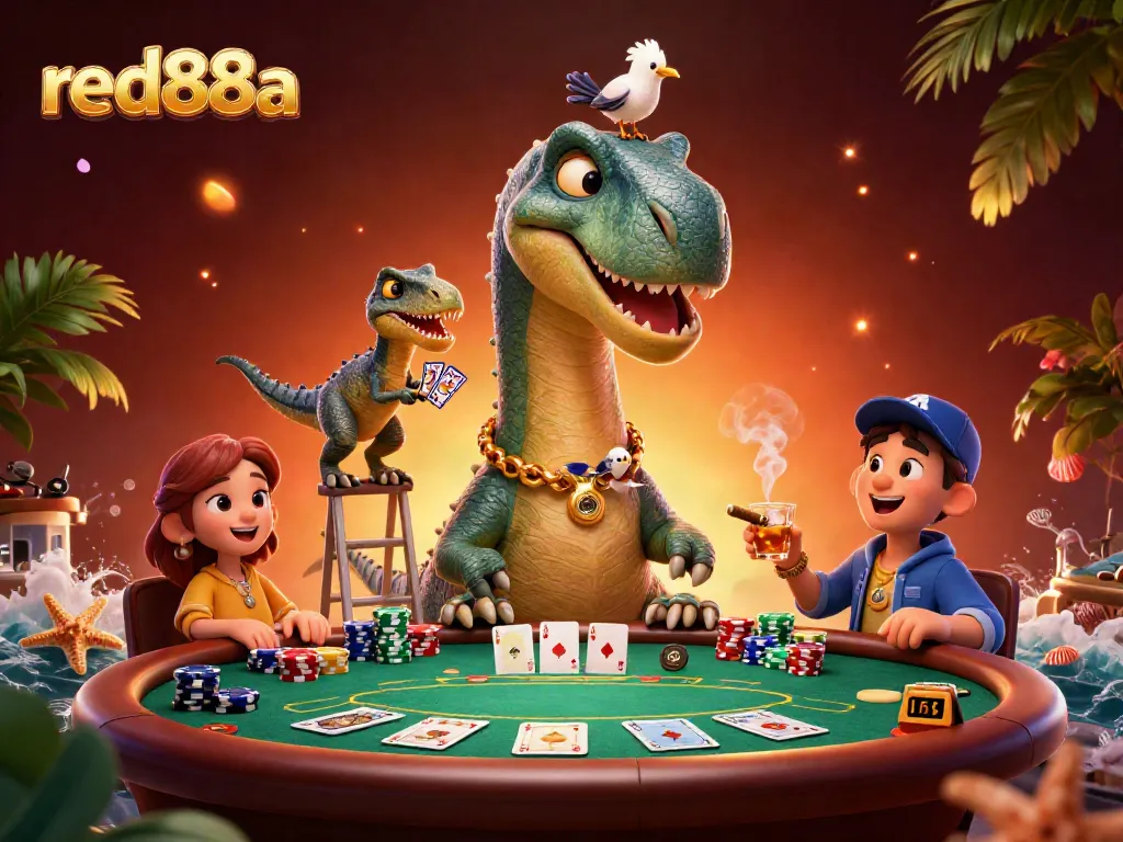 Engage in thrilling poker at red88a with a whimsical dinosaur dealer in a vibrant casino setting.