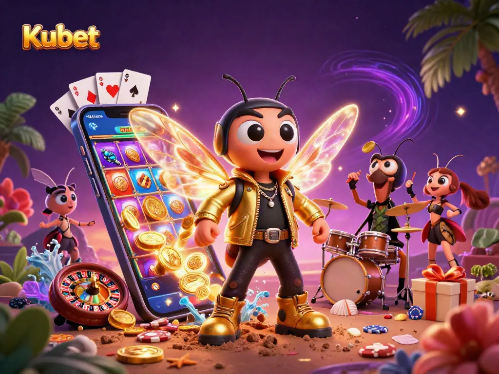 Kubet excitingly showcases a vibrant 3D casino scene with cartoon characters and gaming elements.