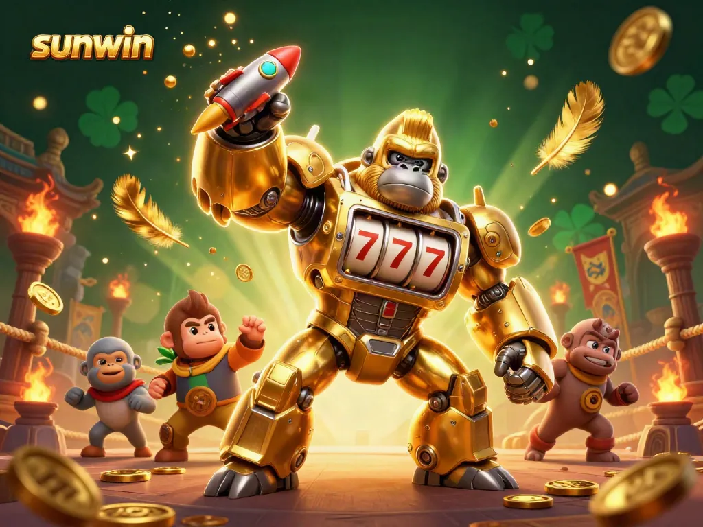 Experience the excitement of sunwin with a dynamic 3D illustration featuring a golden gorilla mech and vibrant casino elements.