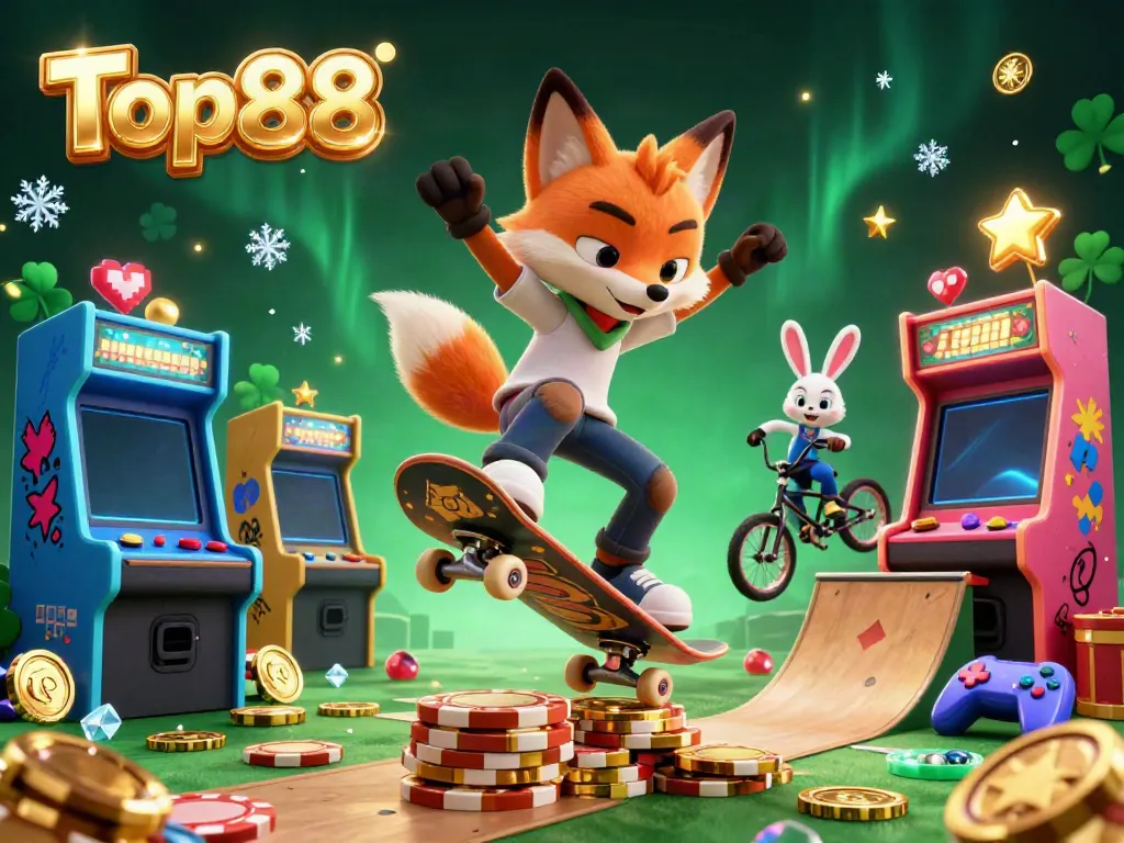 Experience the thrilling vibe of Top88 with a dynamic scene of a fox and rabbit in a casino arcade.
