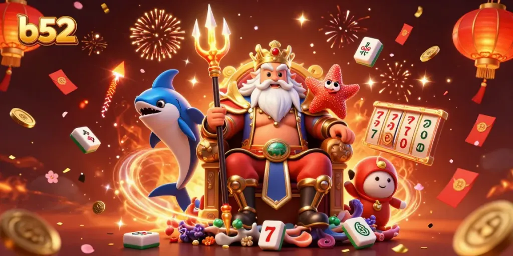 Engage in thrilling b52 gaming with Neptune and stunning symbols of luck in this vibrant casino illustration.