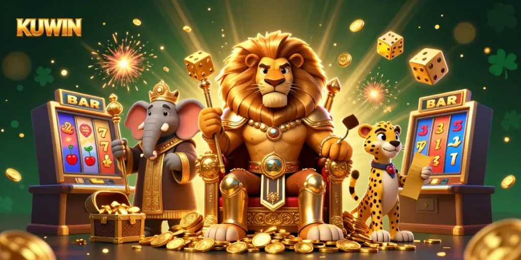 KUWIN's vibrant casino scene showcases a majestic lion king, wise elephant, and swift cheetah surrounded by jackpot elements.