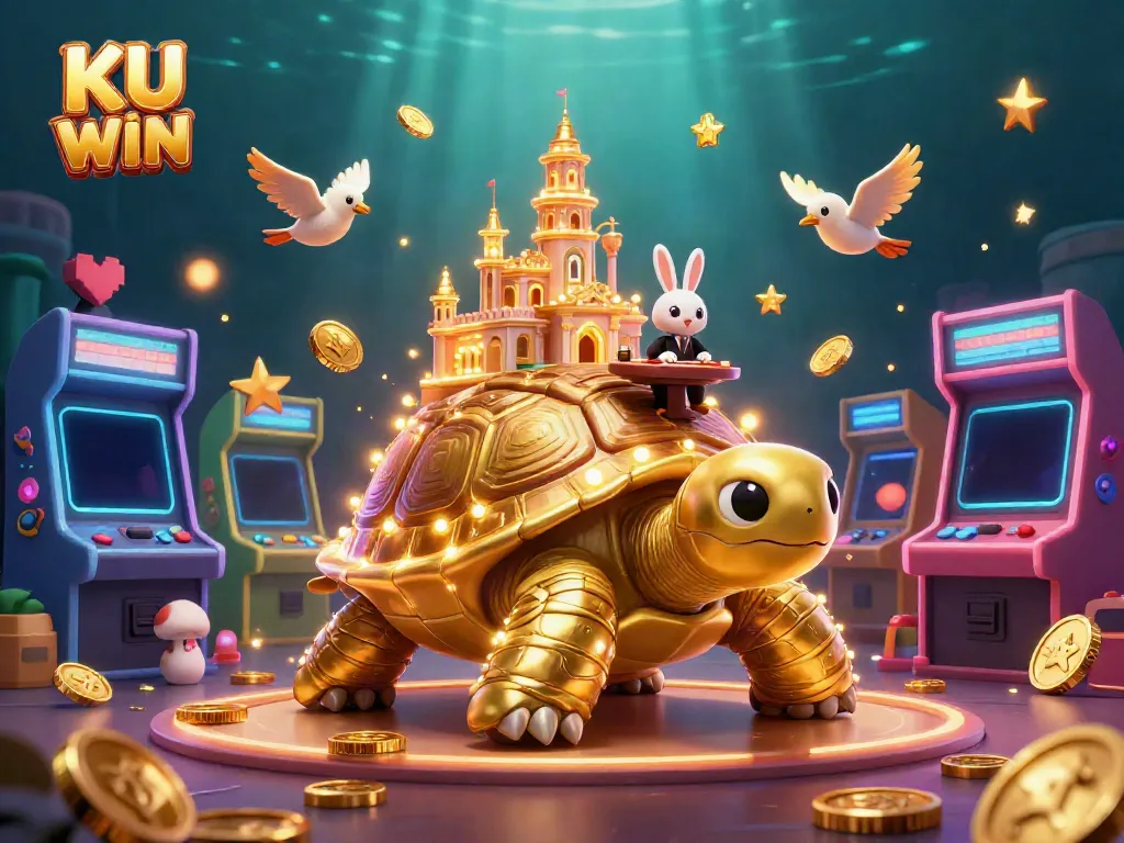 Spin to win at KU WIN with vibrant 3D casino action featuring a golden tortoise and rabbit dealer.