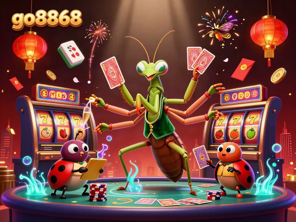 Experience the thrill at go8868 with a vibrant casino scene featuring a giant praying mantis and ladybug characters.