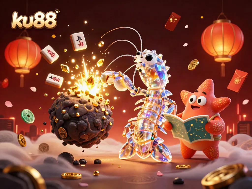 ku88 gaming scene with a mantis shrimp and starfish amidst vibrant casino elements and golden coins
