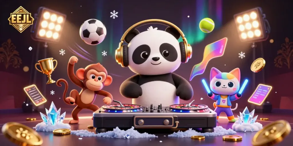 Experience the vibrant energy of EEJL with a DJ panda, breakdancing monkey, and glowing kitten in a lively casino scene.