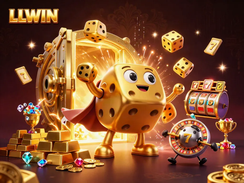 Experience the excitement of LLWIN with a dazzling 3D digital scene showcasing vibrant casino elements.