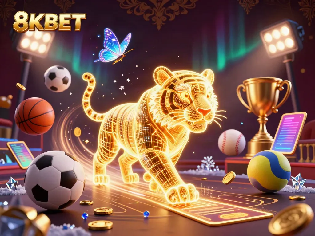 Experience the thrill of the 8KBET casino with a dazzling dynamic scene featuring a golden tiger and sports elements.