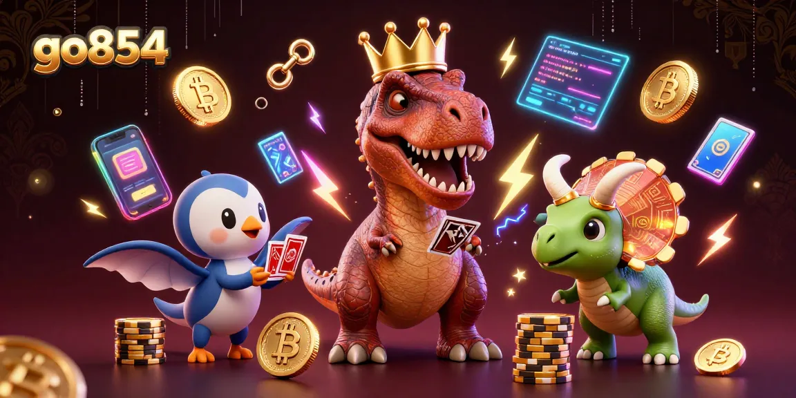 go854 showcases a T-Rex, a pterodactyl, and a triceratops in a vibrant crypto casino scene.