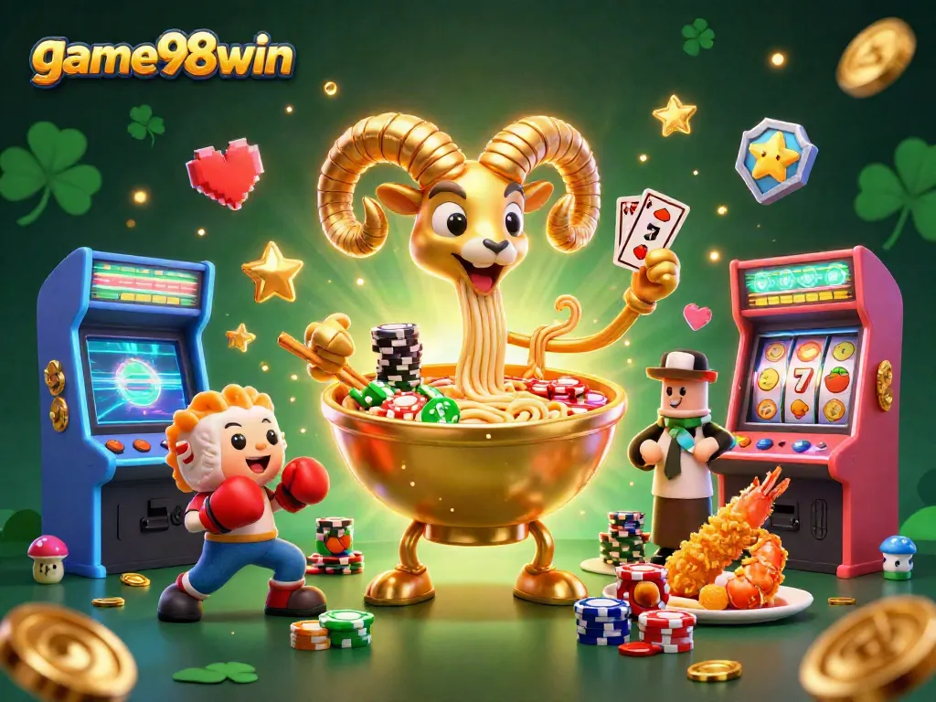 Win big with game98win at this vibrant casino-themed illustration featuring fun characters.